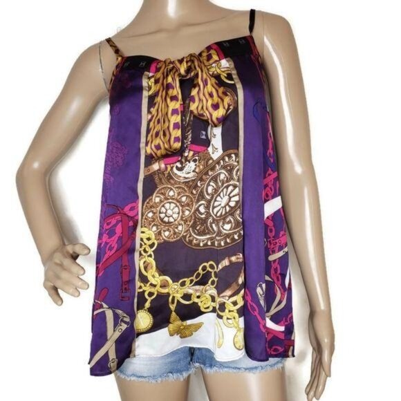 Express Women Purple Multicolor Chain Print Satin Tie-Front Camisole tank Top xs - Picture 2 of 7